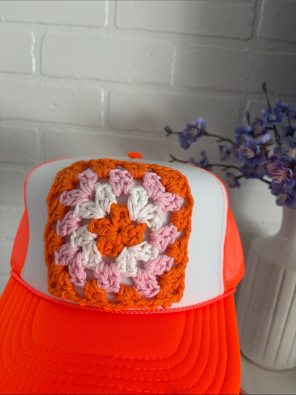 Handmade Crochet Patch Neon Orange Trucker Hat - Women's Accessory